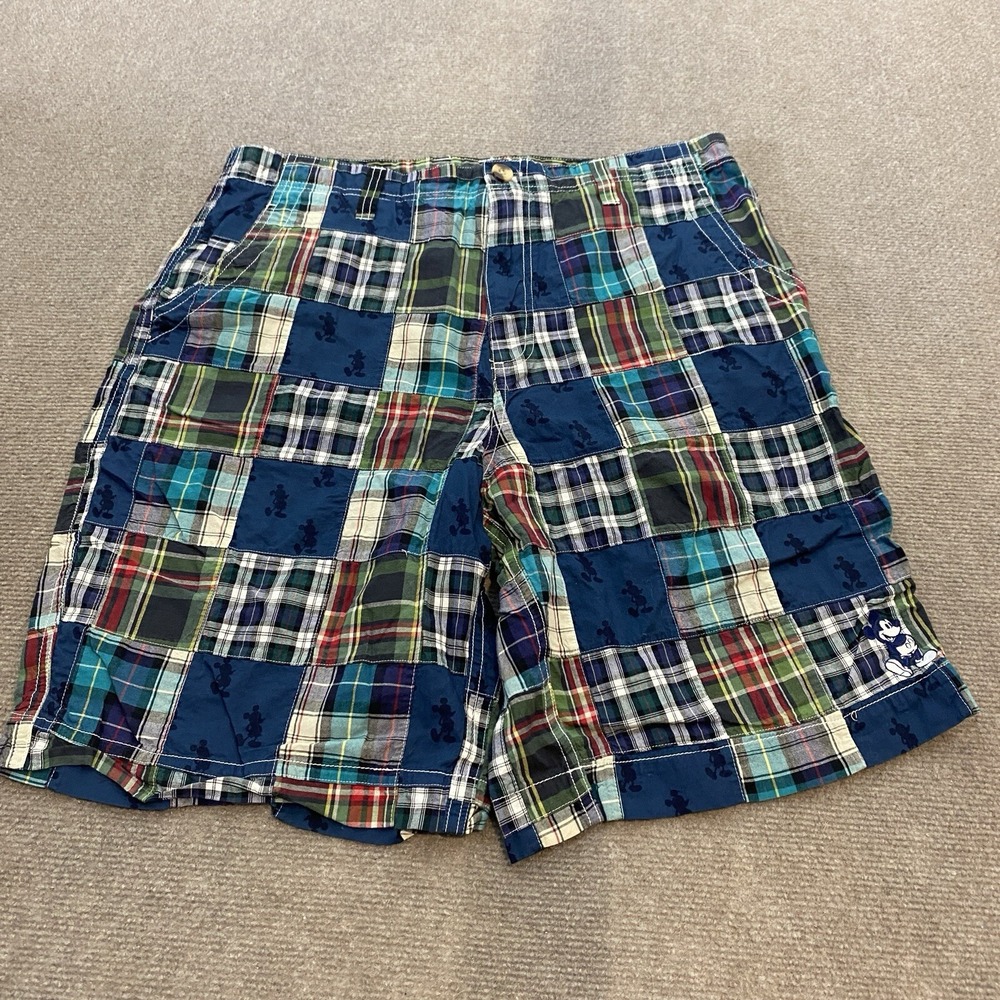 Walt Disney World Shorts Mens Fits 35 Blue Madras Plaid Patchwork Cotton‎ Mickey